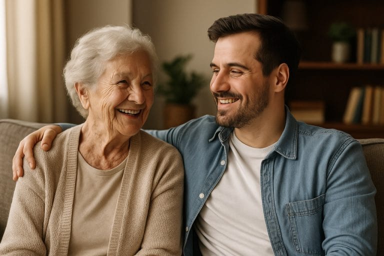 Starejša ženska in vnuk, simbol povezave preteklosti in prihodnosti – mir, toplina, spoštovanje.