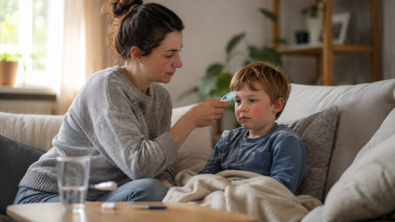 Mama meri temperaturo otroku s peto otroško boleznijo