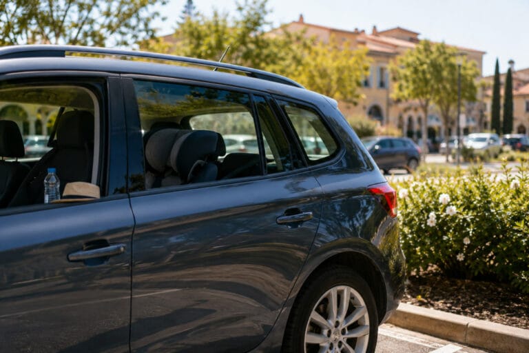 Zaprt avtomobil na poletnem soncu kot opozorilo pred puščanjem otrok in živali v vročem vozilu.