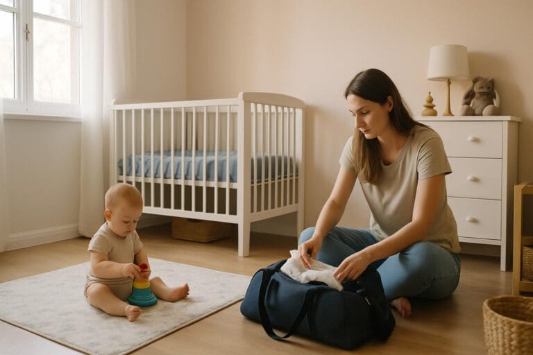 Mama in dojenček doma po vrnitvi z dopusta