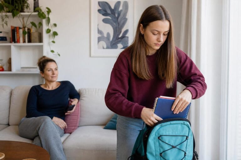 Mama in srednješolka doma, kjer najstnica samostojno pripravlja šolsko torbo