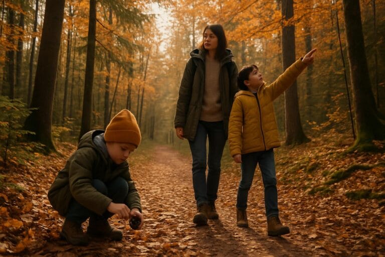 Mama z otrokoma raziskuje jesenski gozd ob sprehajalni poti.