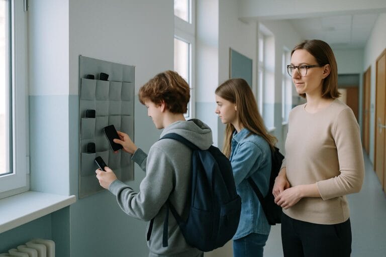 Učenca pred poukom odlagata mobilna telefona na določeno mesto v šolskem hodniku