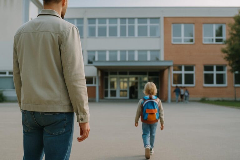 Starš opazuje prvošolca, ki z nahrbtnikom samostojno stopa proti vhodu v šolo.