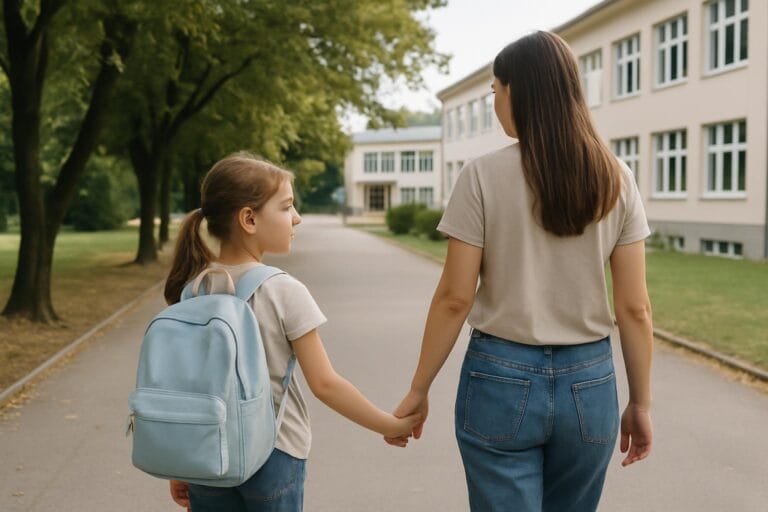 Otrok in mama na poti proti osnovni šoli pred začetkom prvega razreda