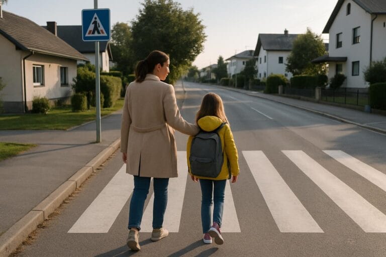 Mama in šolarka pred začetkom šole vadita varno prečkanje ceste