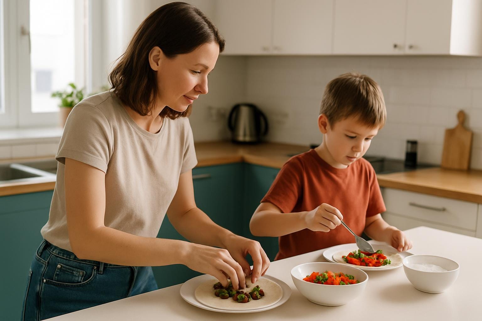 Mama in šolar skupaj pripravljata preprosto večerjo med šolskim tednom.